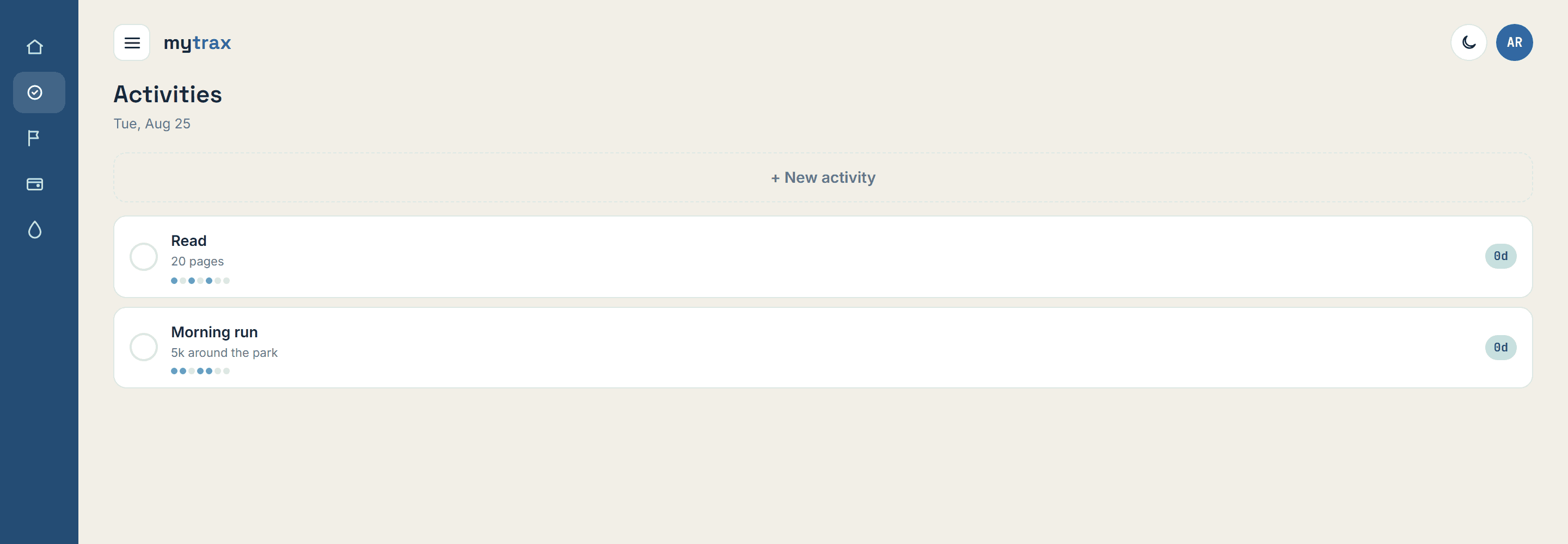 Activities screen with daily habits and streak dots