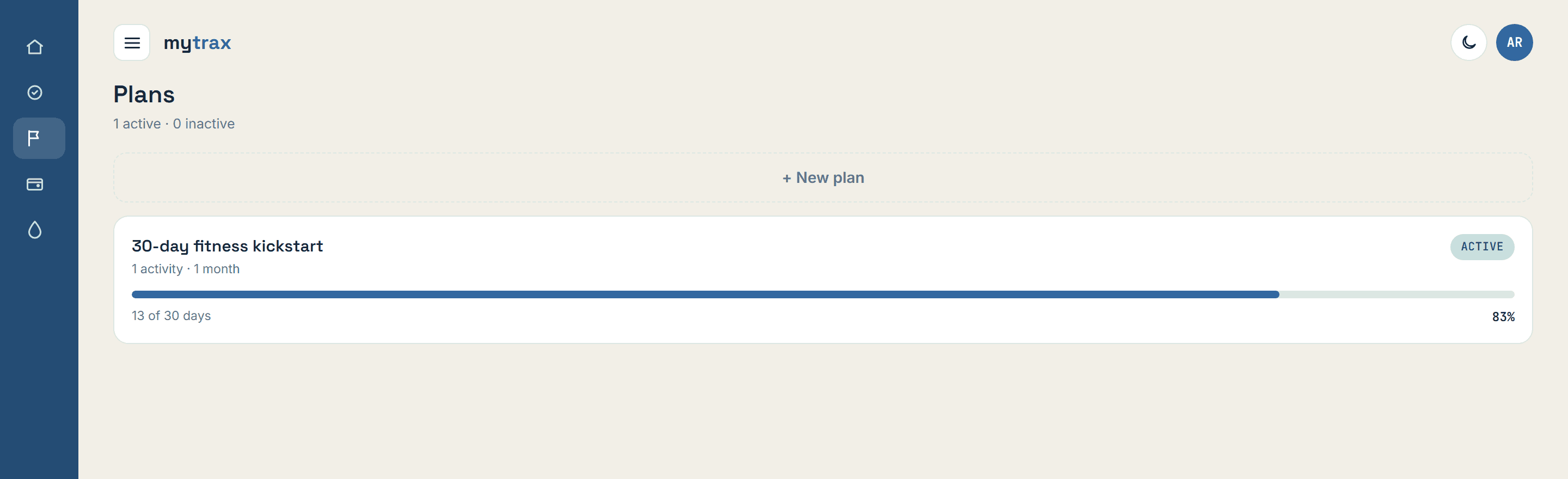 Plans screen with a progress bar toward a 30-day fitness kickstart plan